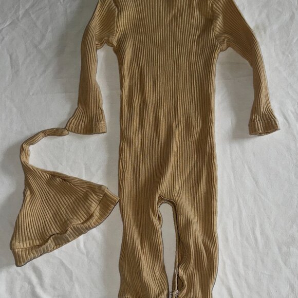 Ribbed Romper & Hat Set 3-6M Hi I’m New Here Neutral Outfit Long Sleeve-KC117 - Picture 2 of 5